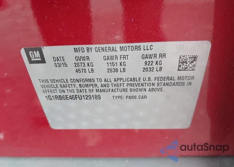 2015 Chevrolet Volt from USA, damaged, VIN 1G1RB6E46FU129189